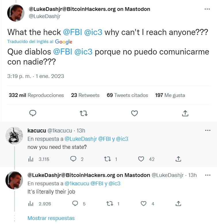 tuit del desarrollador de bitcoin Luke Dashjr solicitando ayuda del FBI