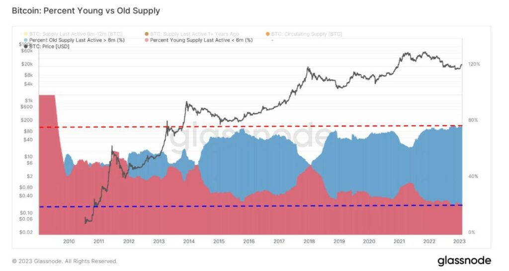 grafico compara porcentaje de holders de bitcoin actuales y viejos