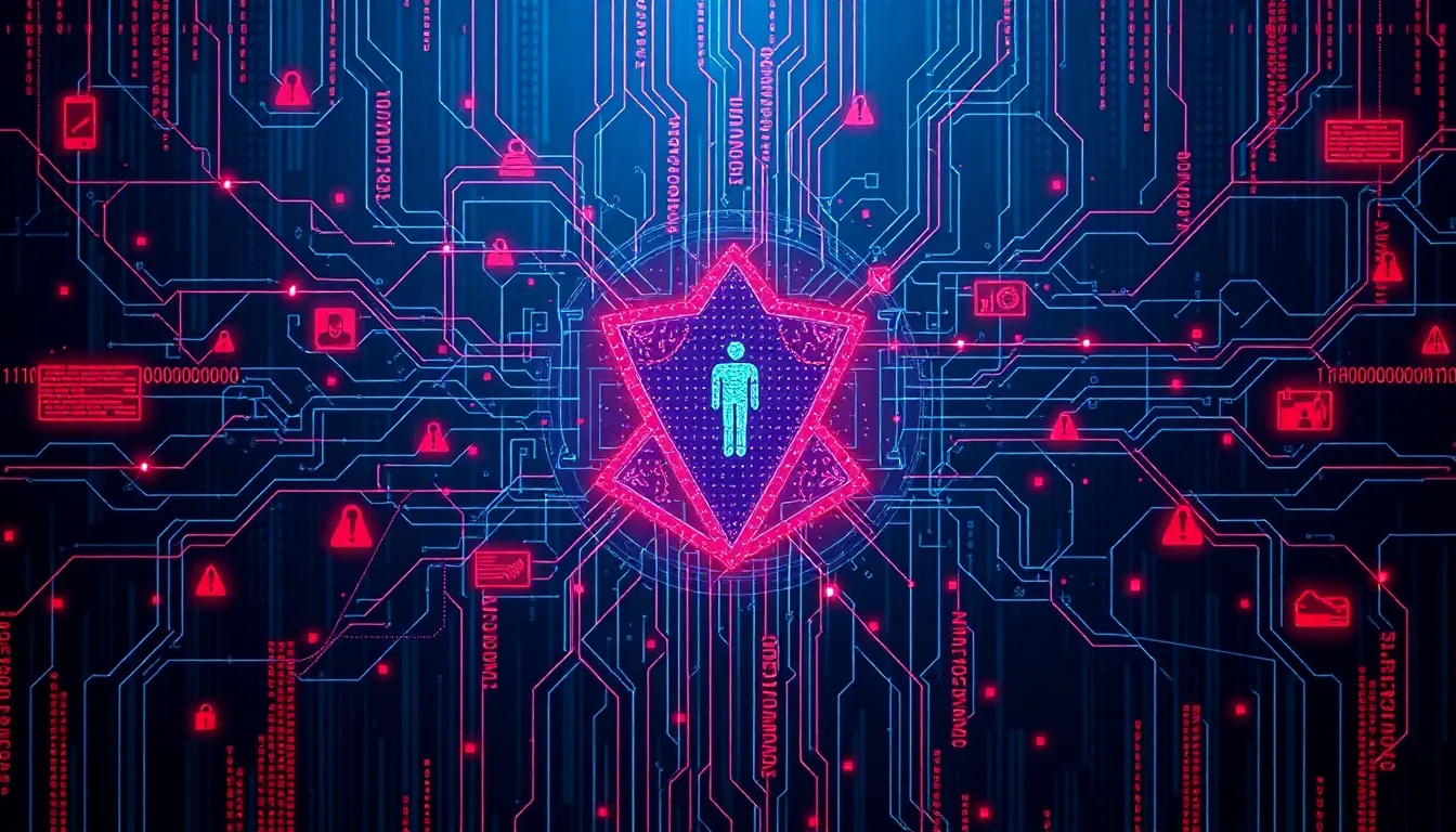 Ilustración editorial sobre amenazas de ciberseguridad impulsadas por inteligencia artificial