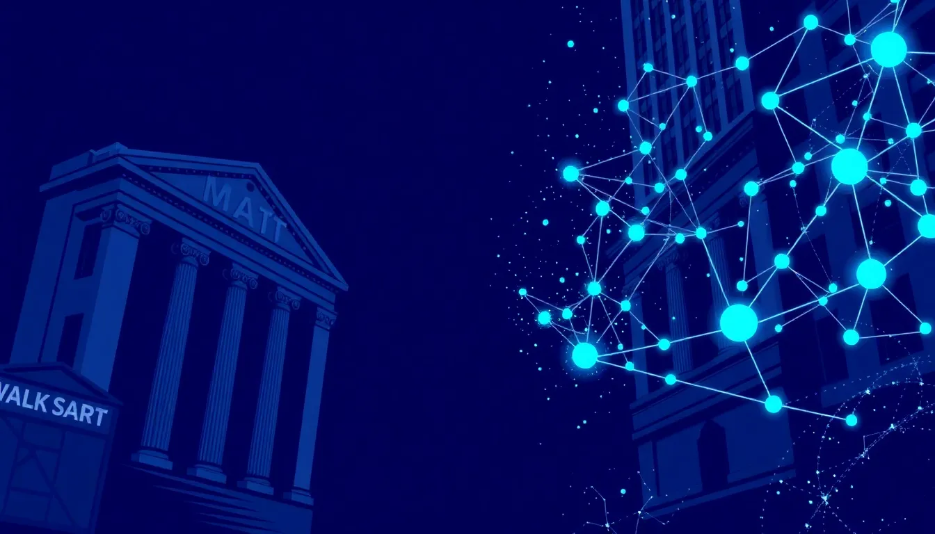Ilustración abstracta de blockchain desafiando los modelos de negocio tradicionales de Wall Street
