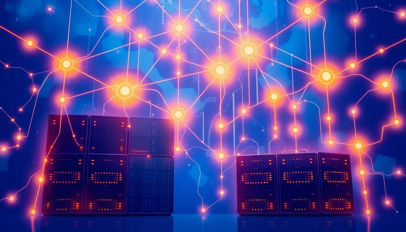 Ilustración conceptual de red computacional distribuida superando infraestructura tradicional