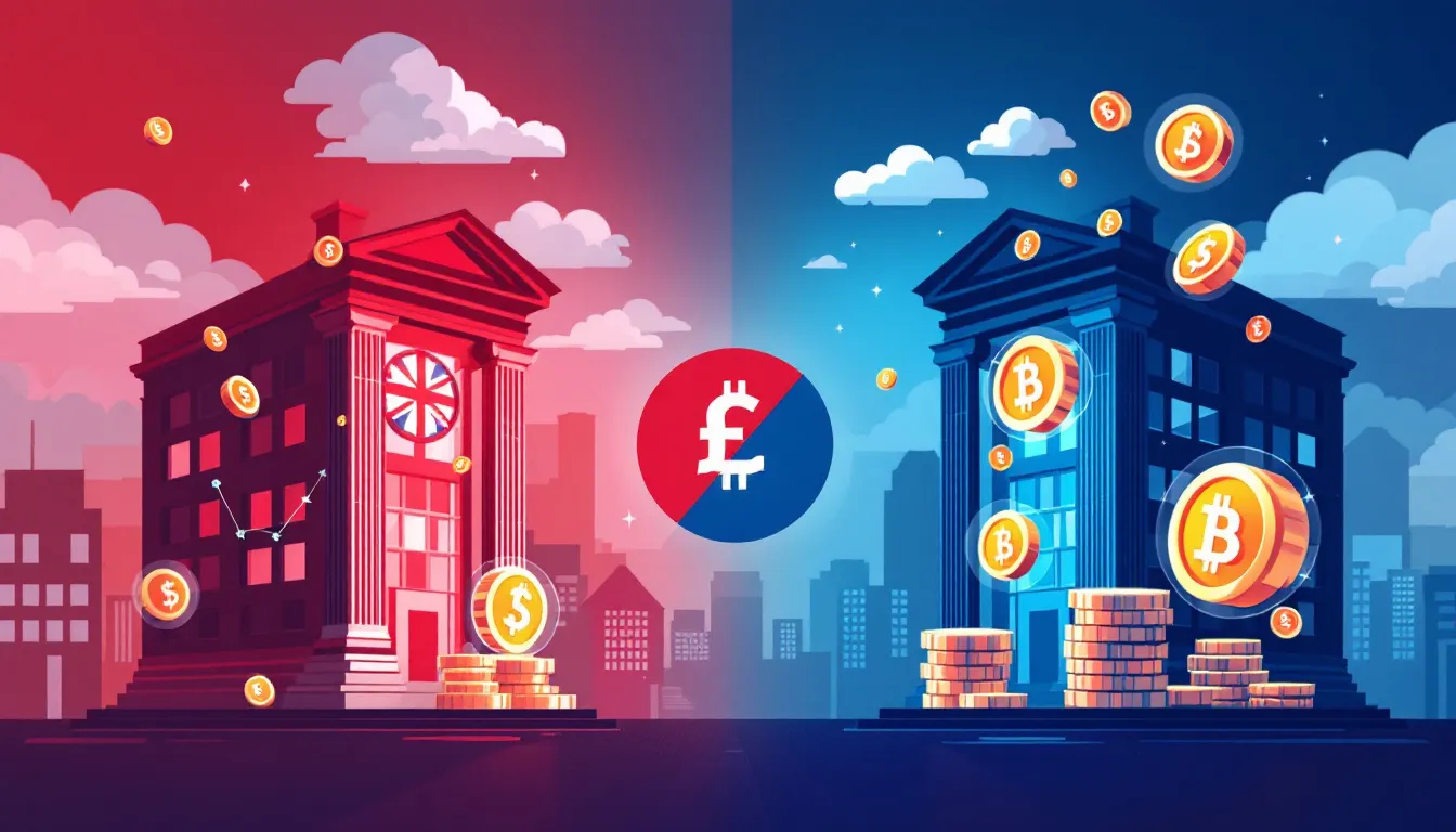 Ilustración conceptual sobre restricciones bancarias al acceso a criptomonedas en Reino Unido