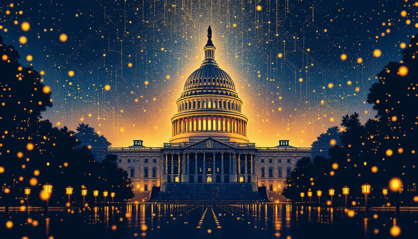 Ilustración conceptual de Estados Unidos como capital cripto con redes blockchain y edificios gubernamentales