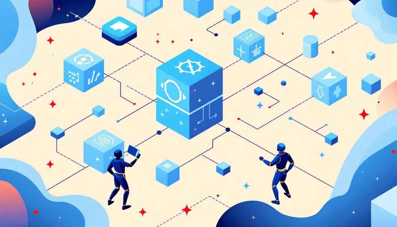 Ilustración abstracta de blockchain combatiendo el fraude publicitario digital mediante transparencia