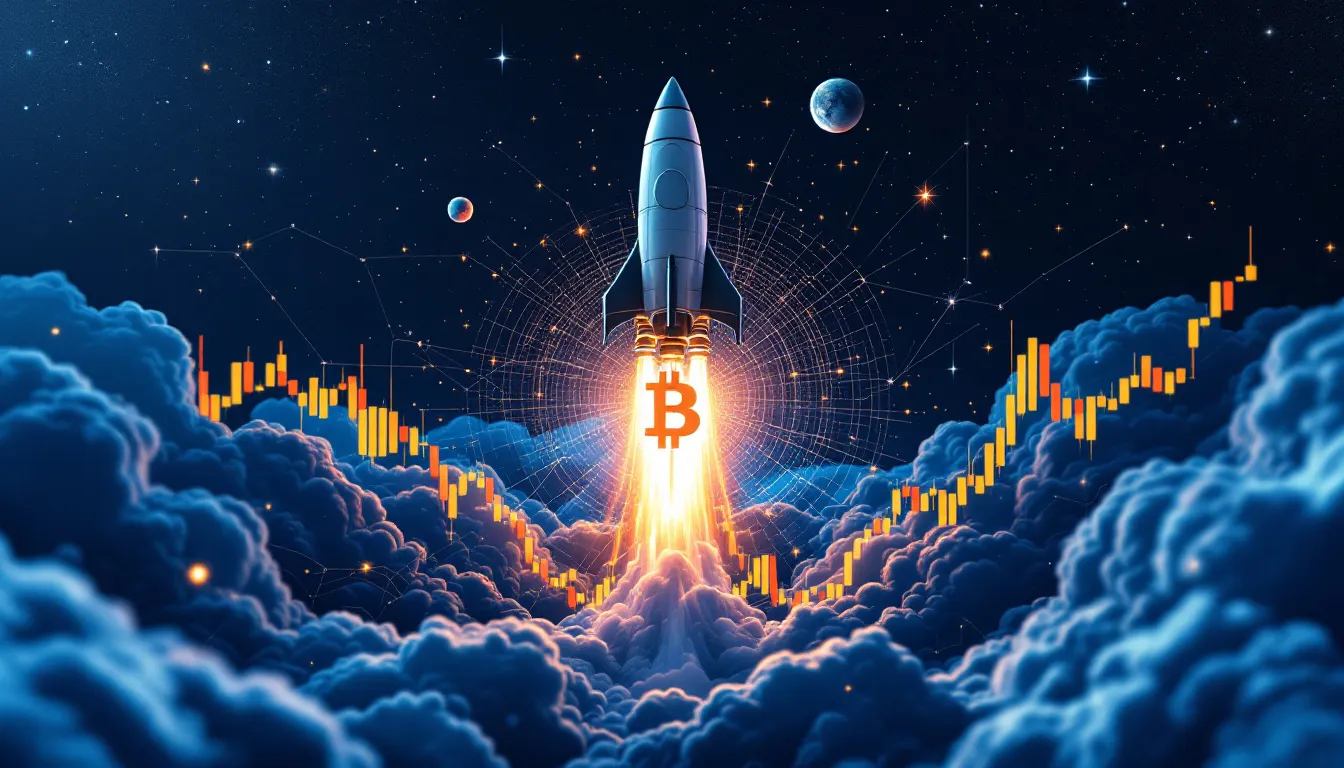 Ilustración editorial de reservas de bitcoin en tesorería corporativa espacial