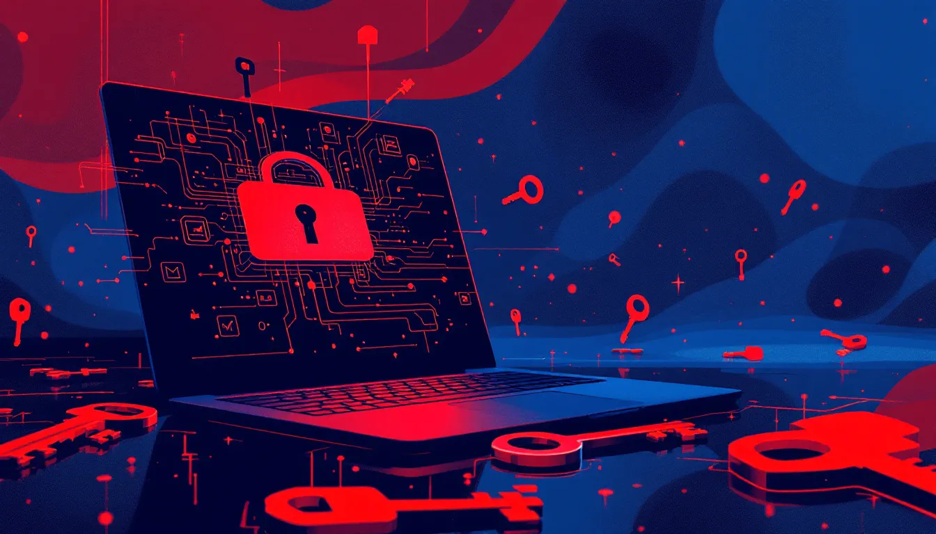 Ilustración conceptual de portátil comprometido con claves criptográficas y fallo de seguridad