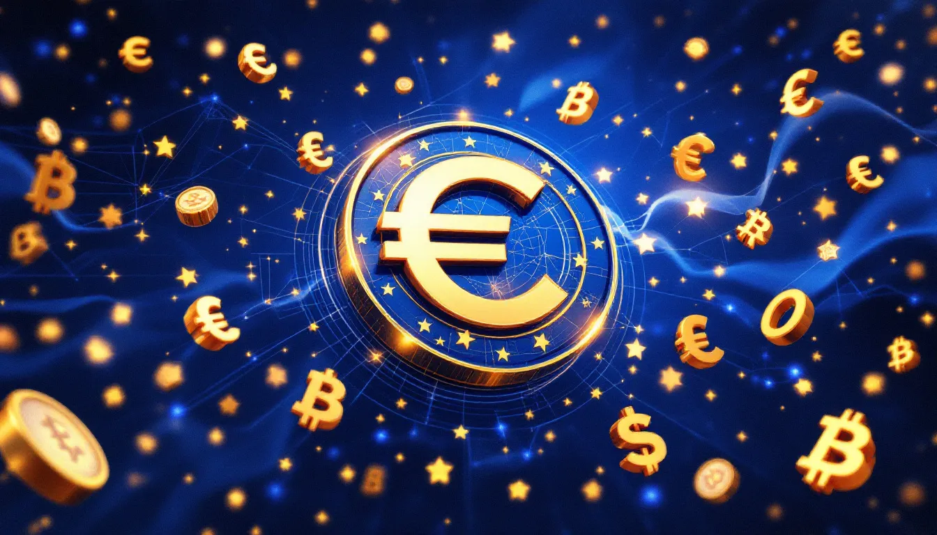 Ilustración conceptual de stablecoins reguladas en euros bajo normativa europea