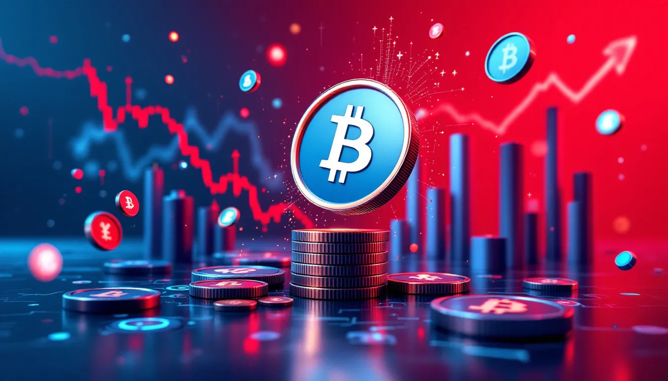 Ilustración conceptual de una tesorería corporativa de Bitcoin bajo presión con gráficos descendentes