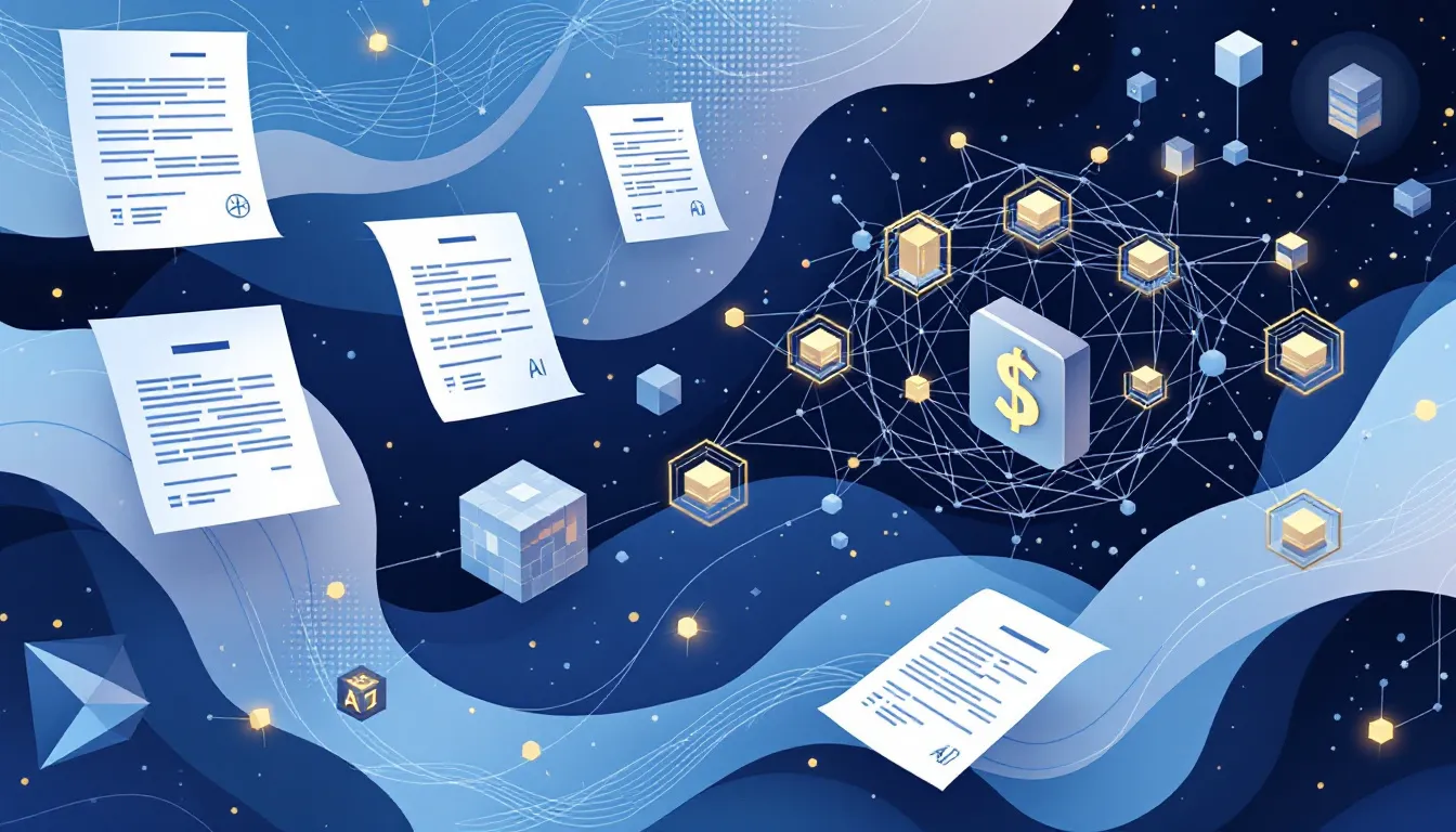 Ilustración conceptual de transformación de préstamos mediante IA y blockchain con documentos digitales