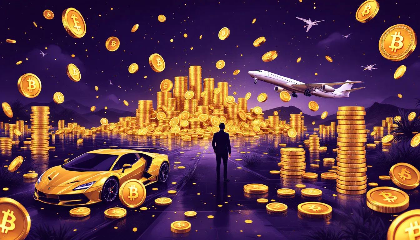 Ilustración conceptual de fraude con criptomonedas y estilo de vida lujoso