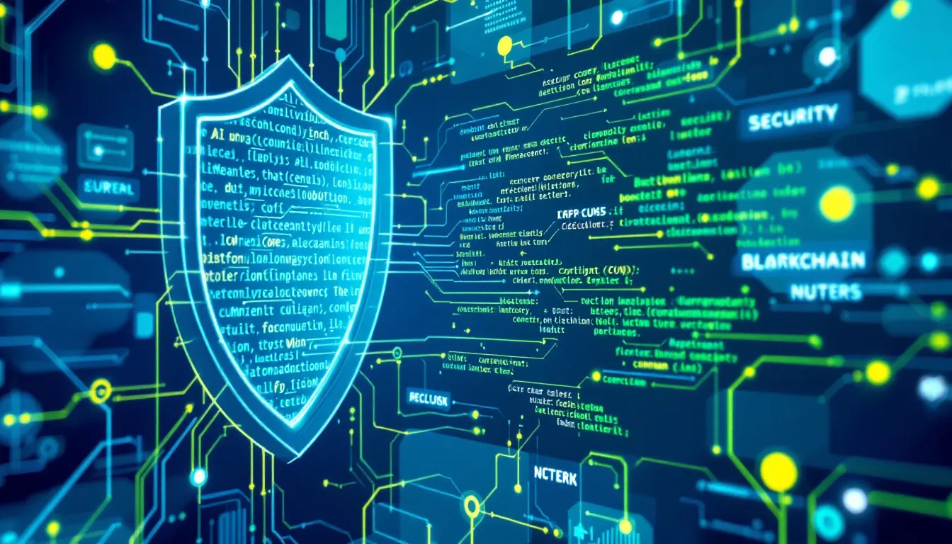 Ilustración conceptual de inteligencia artificial analizando código blockchain en busca de fallos de seguridad