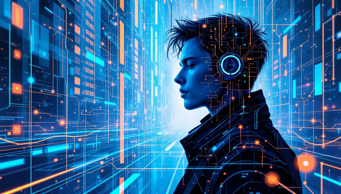 Ilustración conceptual del poder corporativo y la tecnología en la visión ciberpunk del futuro