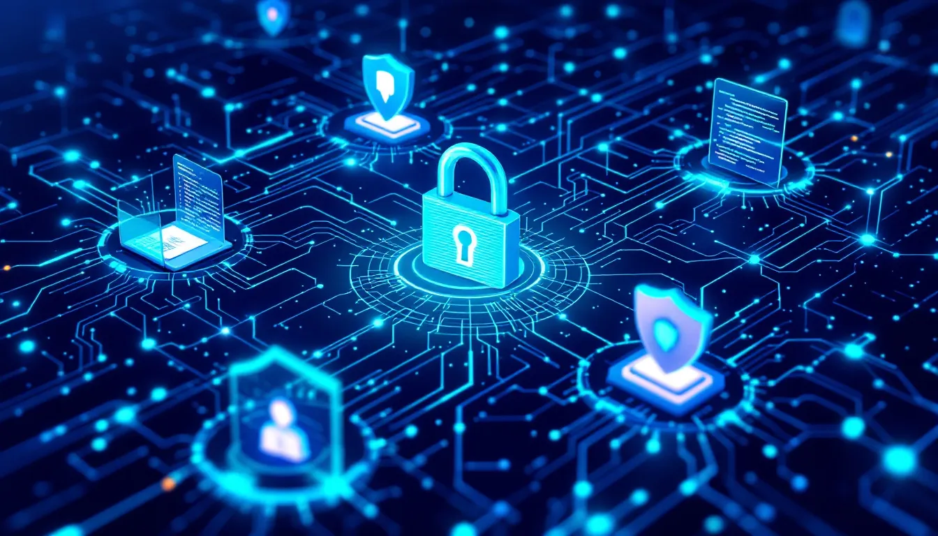 Ilustración abstracta de IA auditando código blockchain con patrones de red neuronal