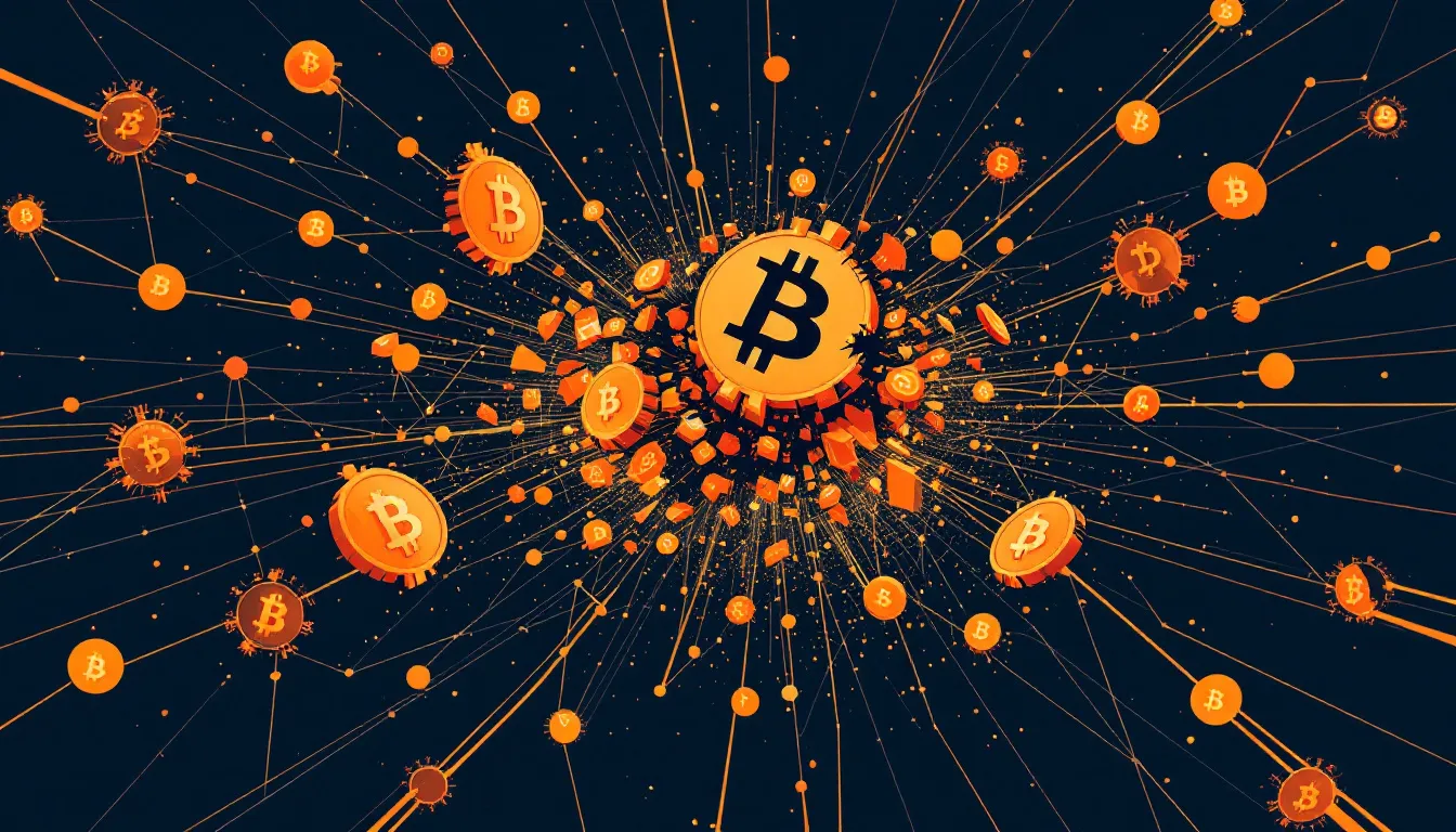 Ilustración abstracta de una red de capa 2 de Bitcoin cerrando operaciones con conexiones fragmentadas
