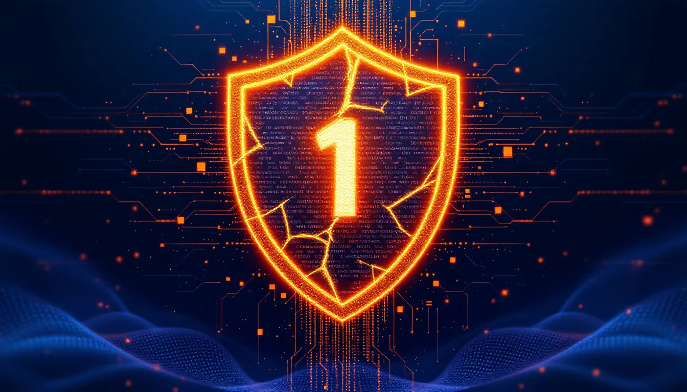 Ilustración conceptual de vulnerabilidad de seguridad en criptomoneda con escudo roto y fragmentos de código