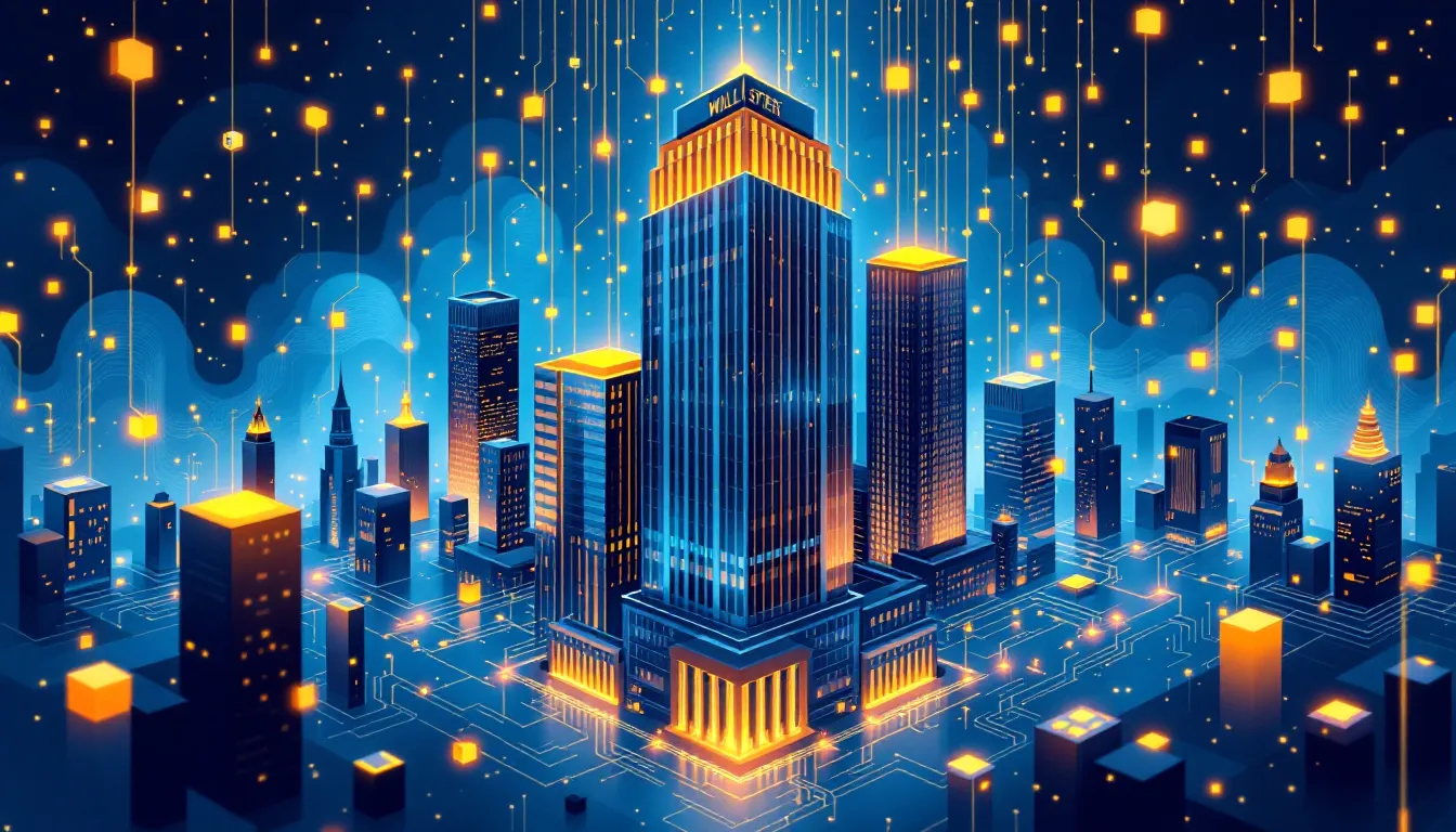 Ilustración conceptual de Wall Street integrándose con tecnología blockchain para 2030