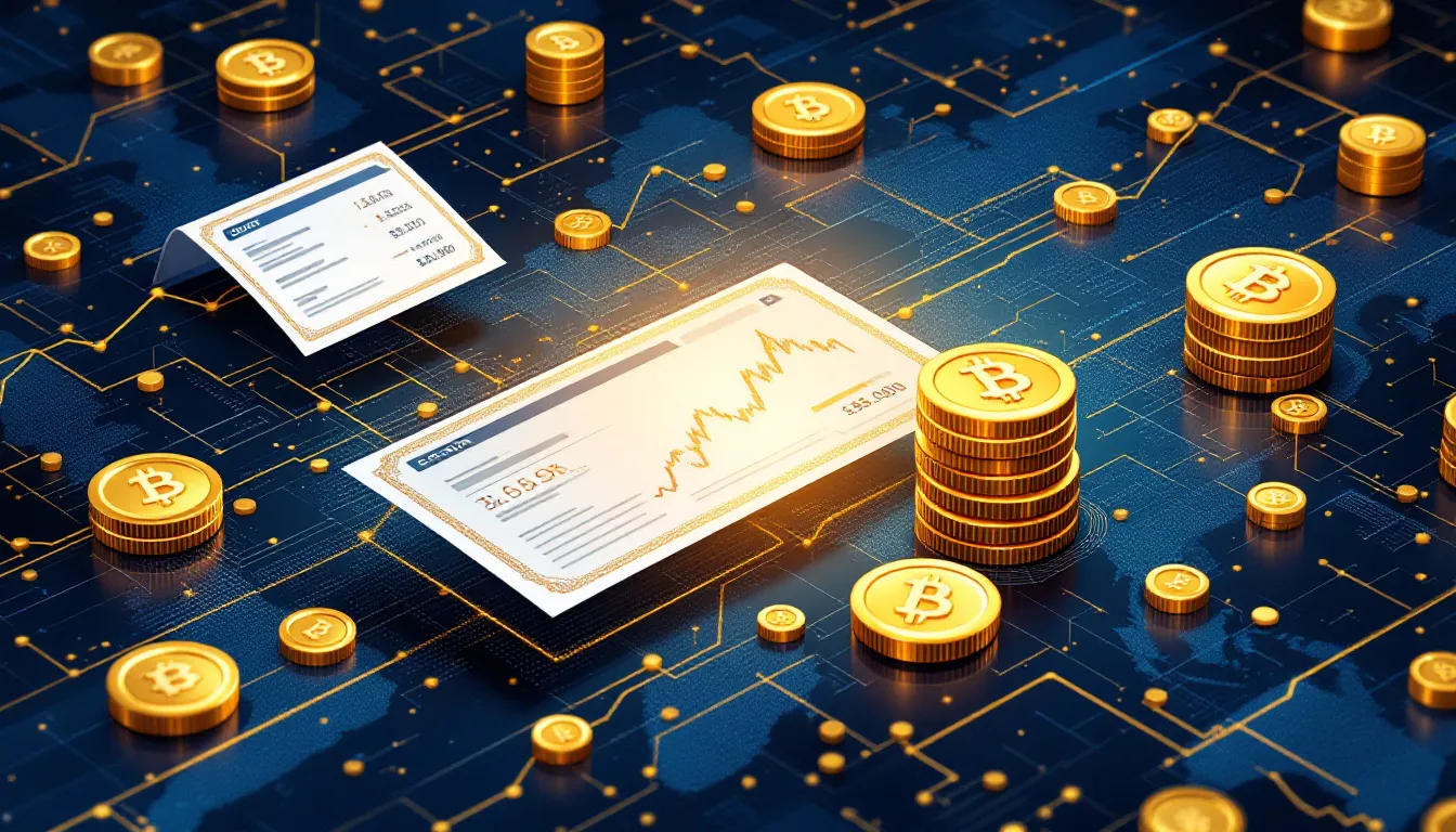 Ilustración abstracta de acciones tokenizadas en blockchain con elementos de trading digital
