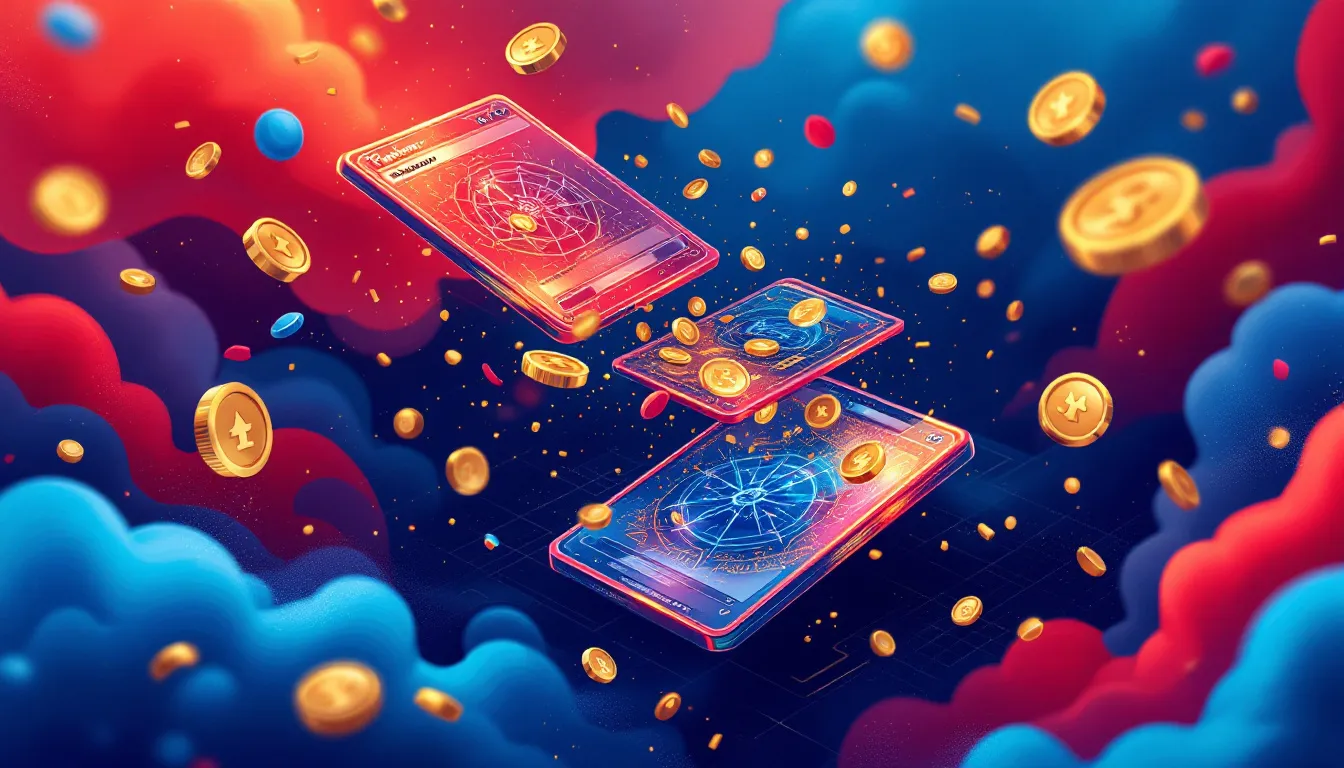 Ilustración abstracta de cartas Pokémon tokenizadas fusionando lo físico con lo digital en blockchain