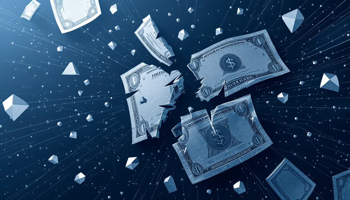Ilustración editorial de certificados de acciones fragmentados en nodos blockchain