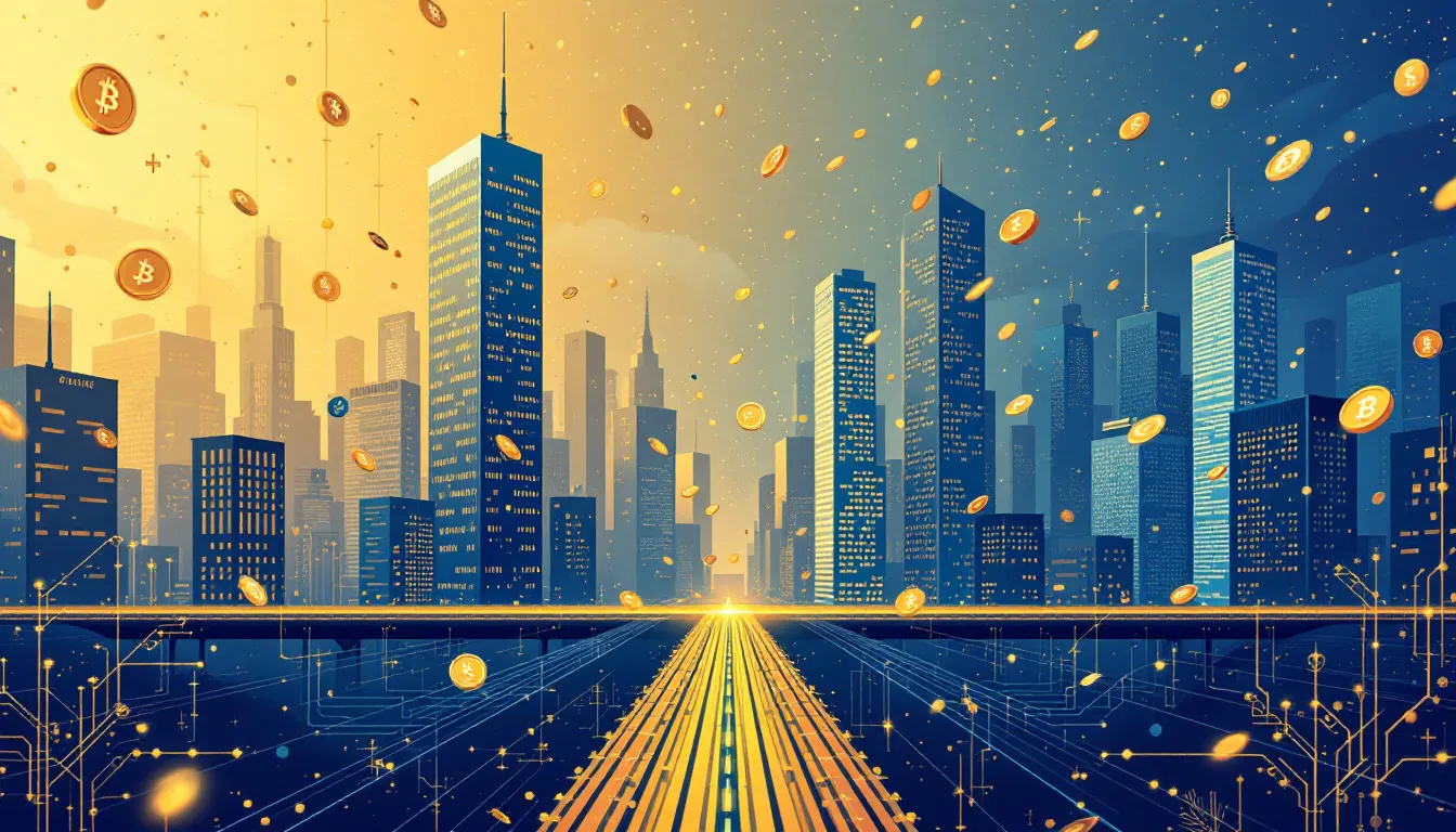 Ilustración conceptual de activos de Wall Street fluyendo hacia exchanges de criptomonedas
