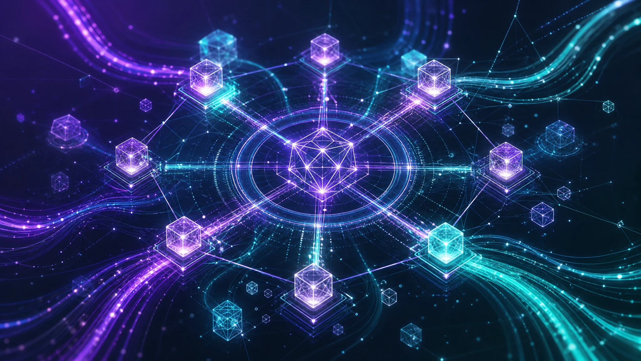 Ilustración conceptual de red blockchain de alta velocidad con nodos de validadores interconectados