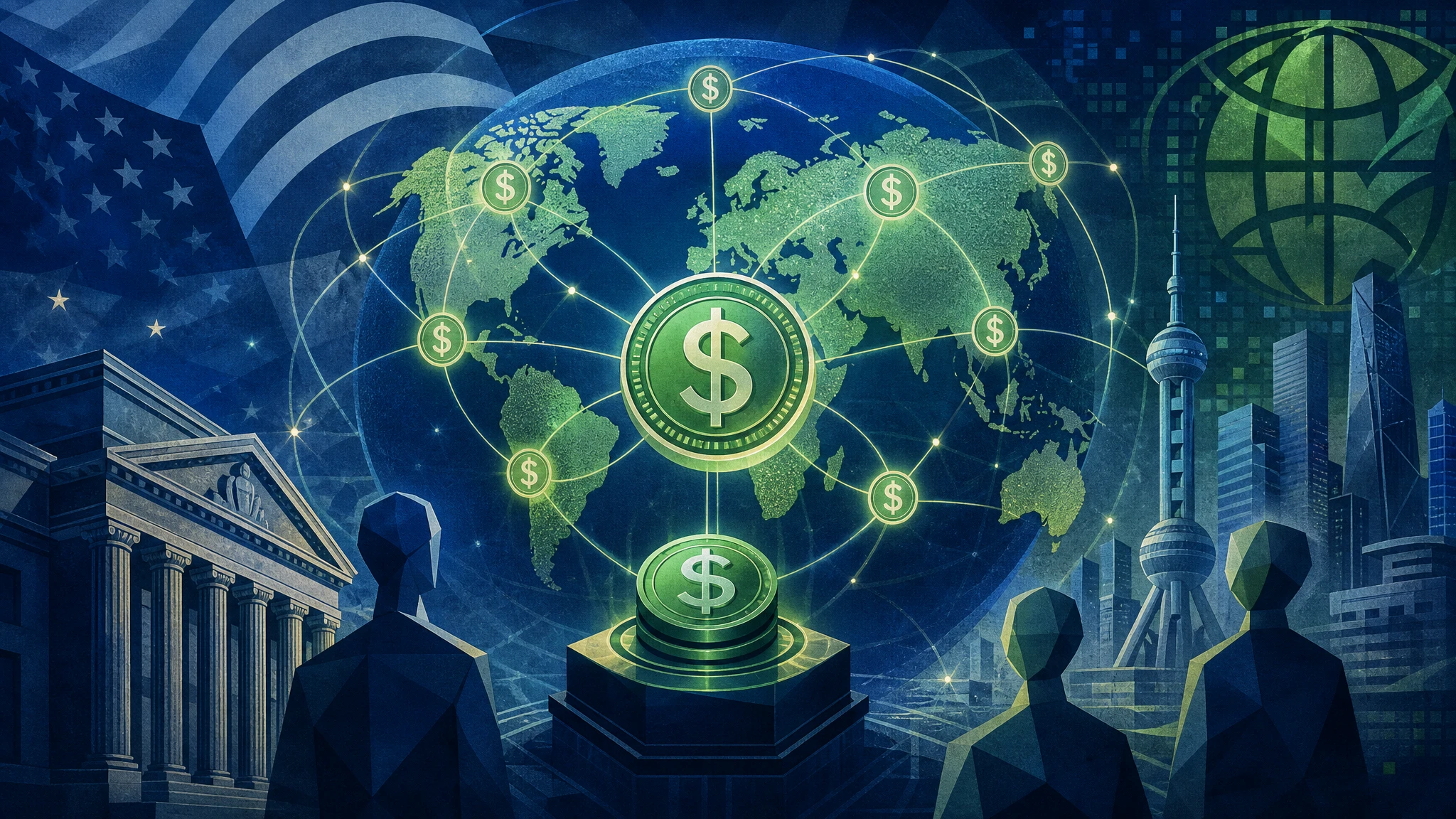 Ilustración conceptual de estrategia global de stablecoins respaldadas en dólares