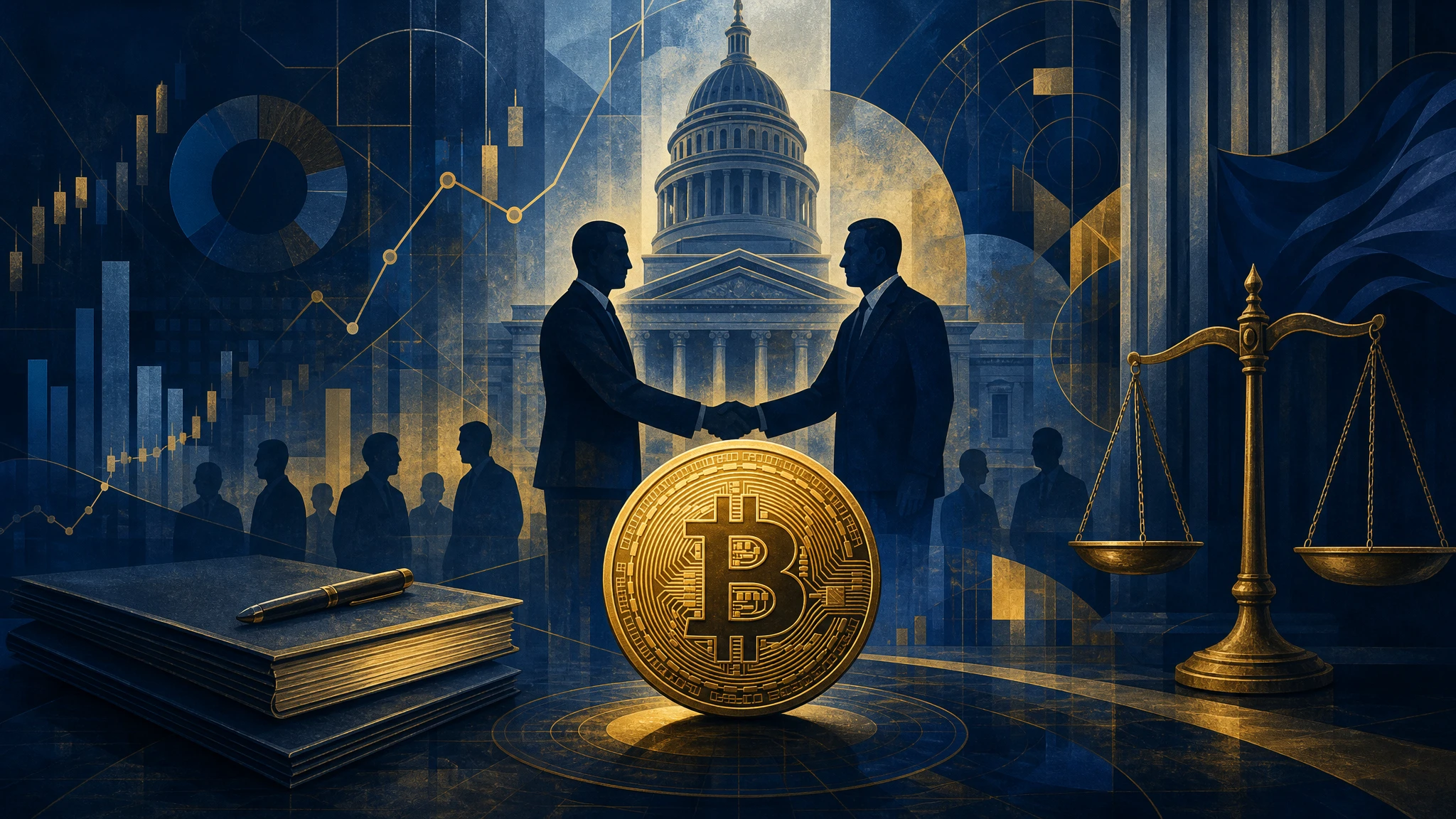 Ilustración editorial sobre lobby cripto y regulación en el Congreso de Estados Unidos