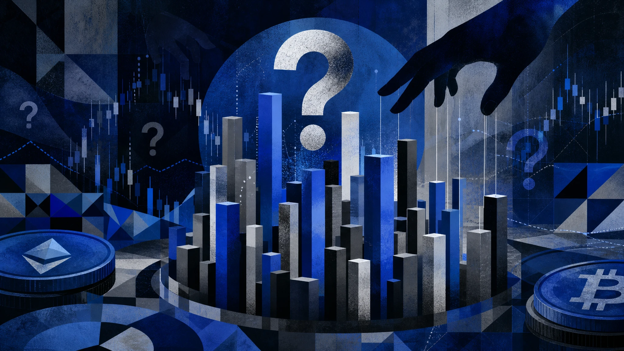 Ilustración conceptual sobre controversia de volumen de trading cripto con gráficos abstractos