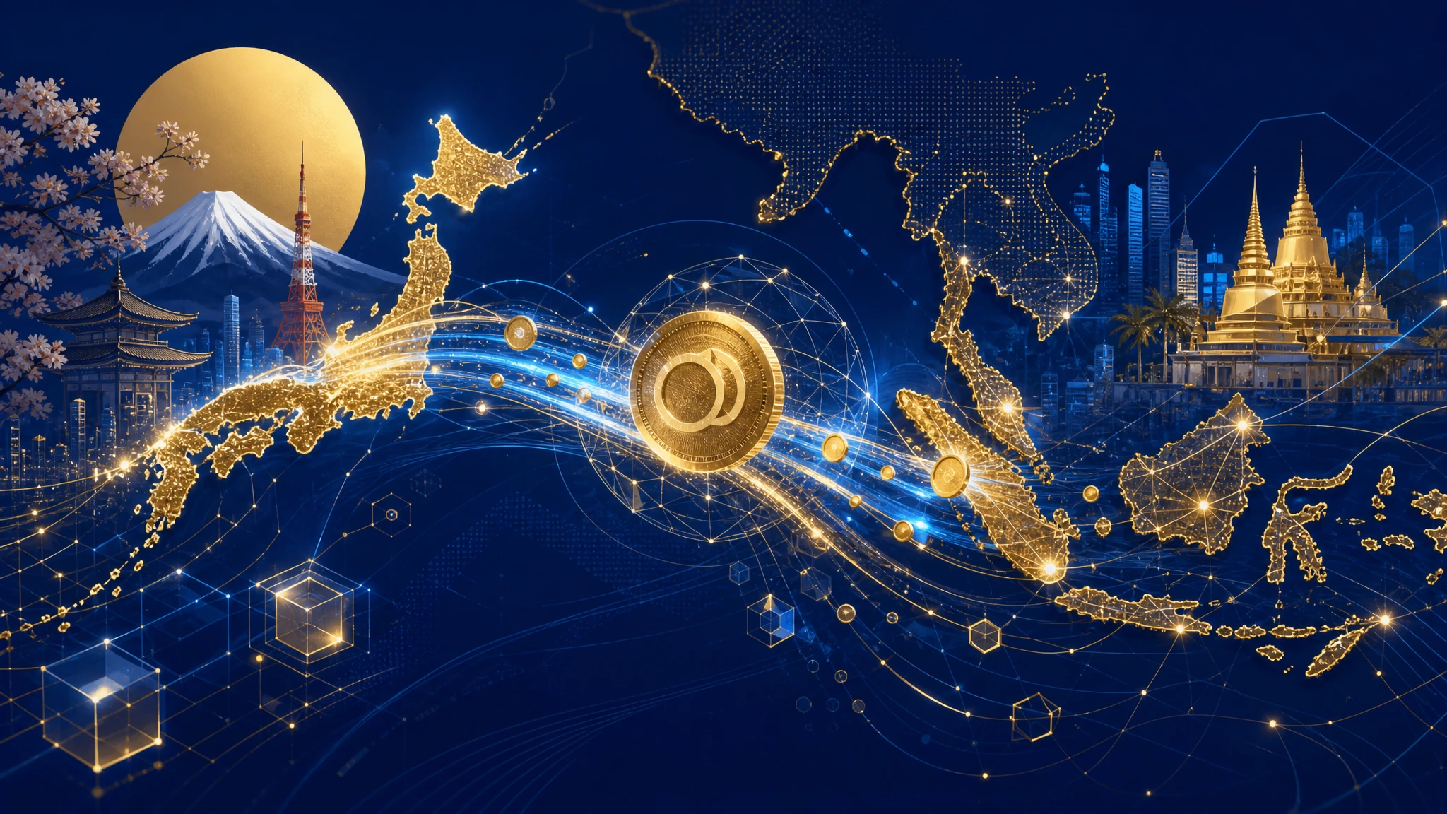 Ilustración conceptual de infraestructura de pagos transfronterizos con stablecoins