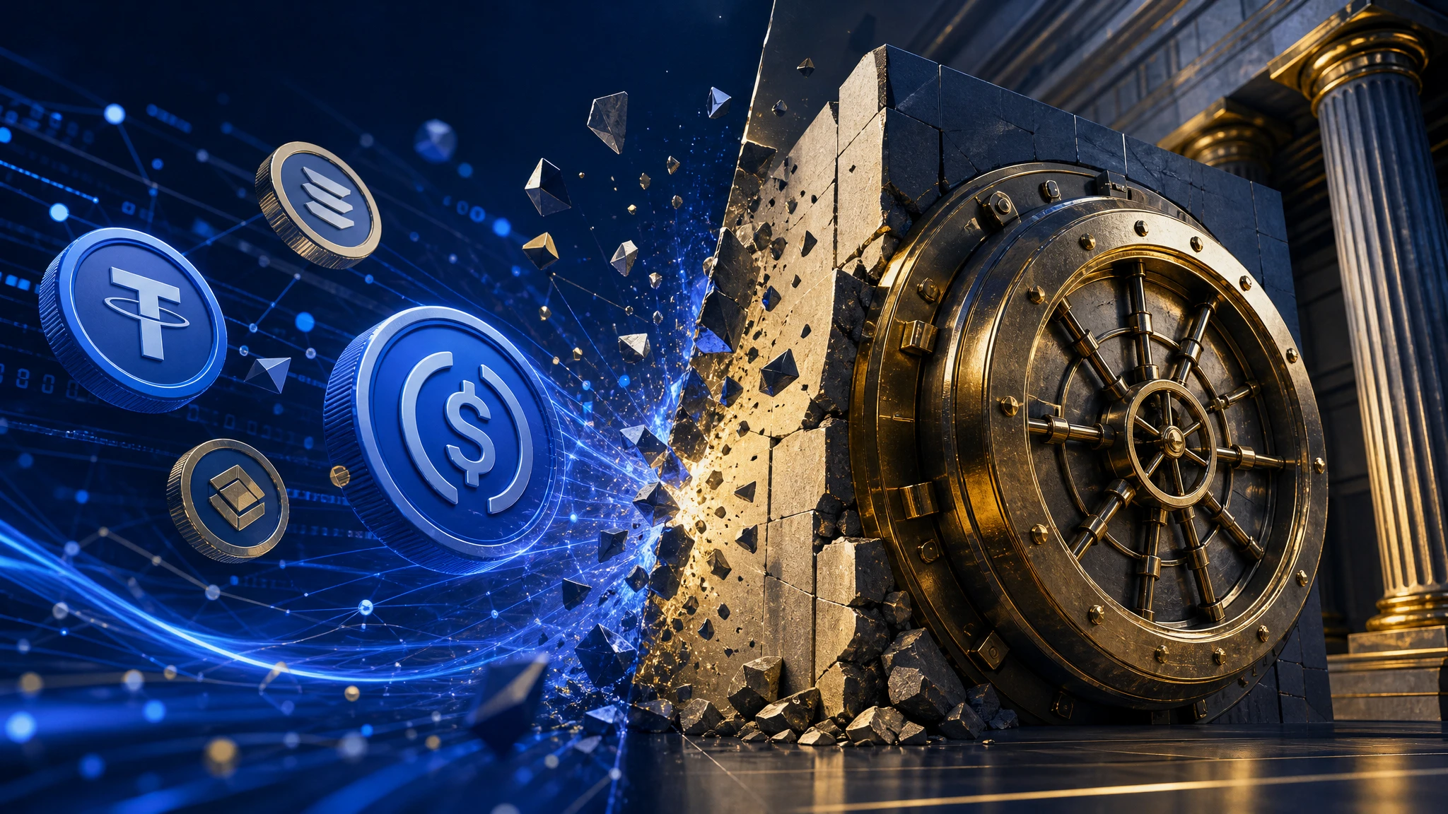 Ilustración editorial sobre la disputa regulatoria entre banca tradicional y stablecoins