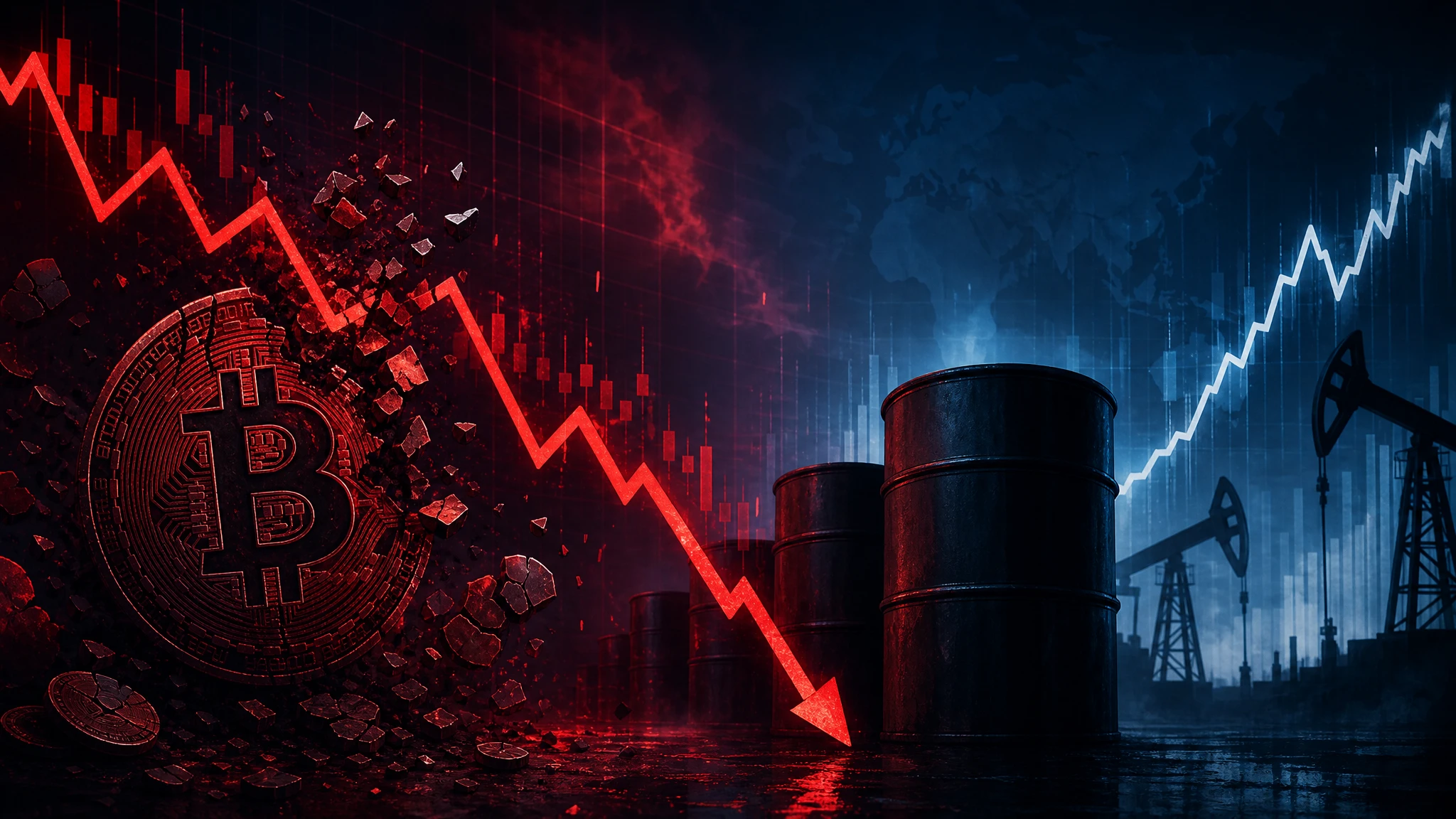 Ilustración conceptual sobre la caída de Bitcoin y la subida del petróleo en los mercados