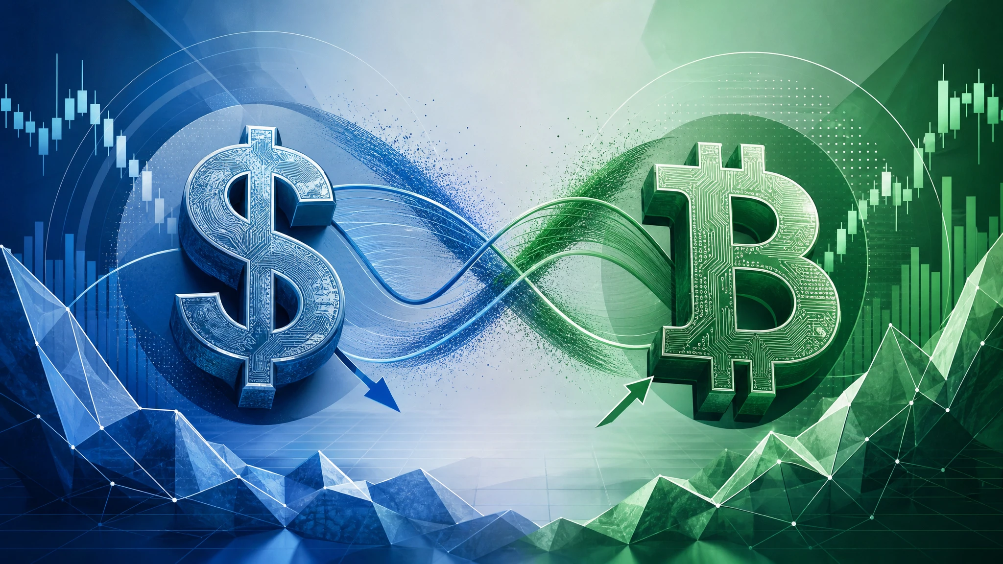 Ilustración conceptual sobre la correlación entre el índice dólar y Bitcoin en mercados financieros