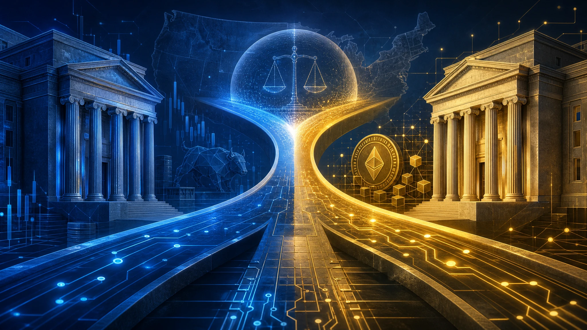 Ilustración conceptual sobre regulación cripto estadounidense y convergencia de agencias supervisoras