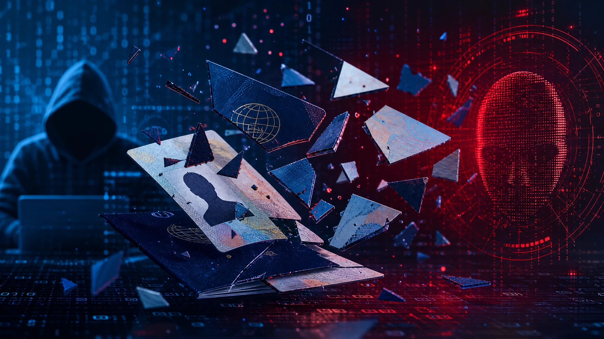 Ilustración conceptual de filtración de datos con documentos de identidad fragmentados en espacio digital