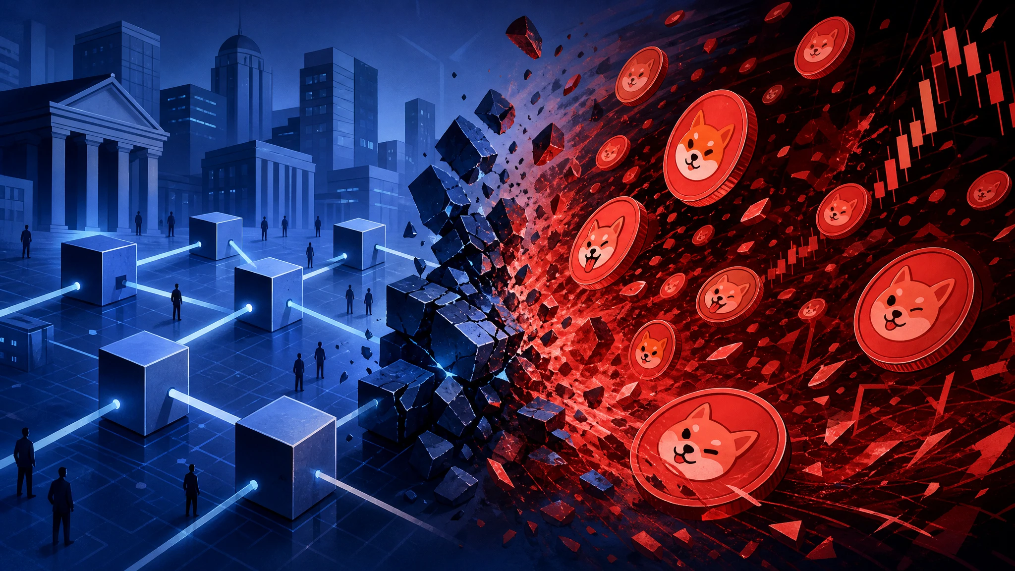 Ilustración conceptual de una blockchain institucional invadida por tokens especulativos