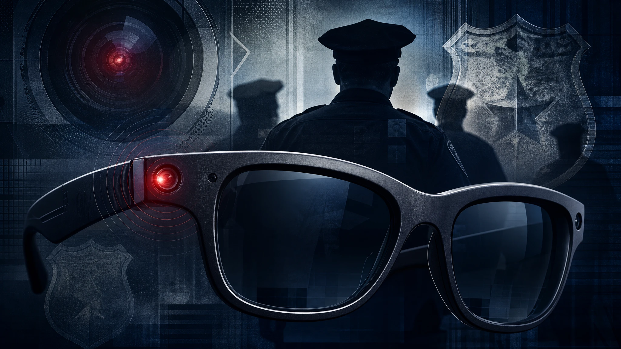 Ilustración editorial conceptual sobre gafas inteligentes Meta y vigilancia policial