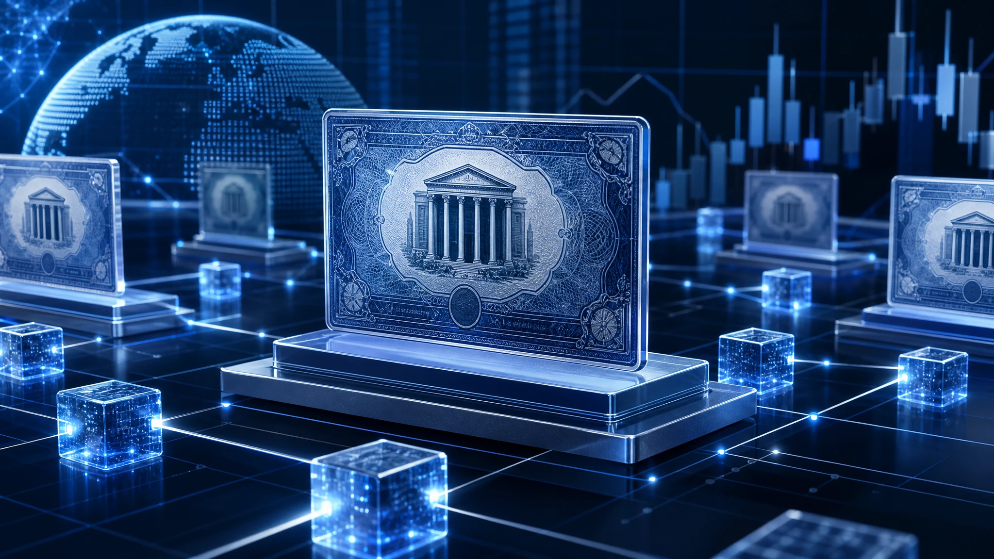 Ilustración conceptual de acciones tokenizadas y tecnología blockchain en mercados financieros