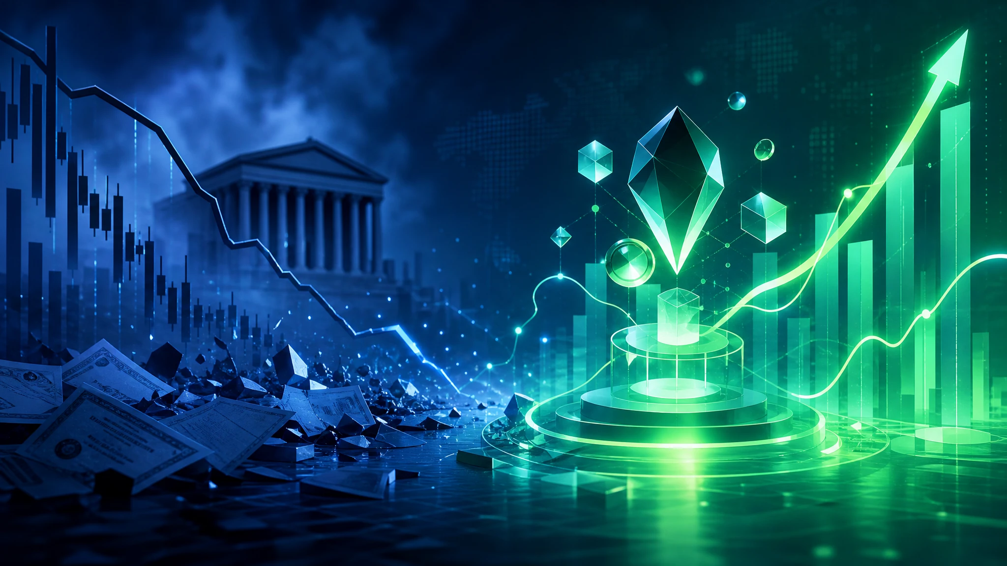 Ilustración conceptual del crecimiento DeFi frente a la presión del mercado de bonos