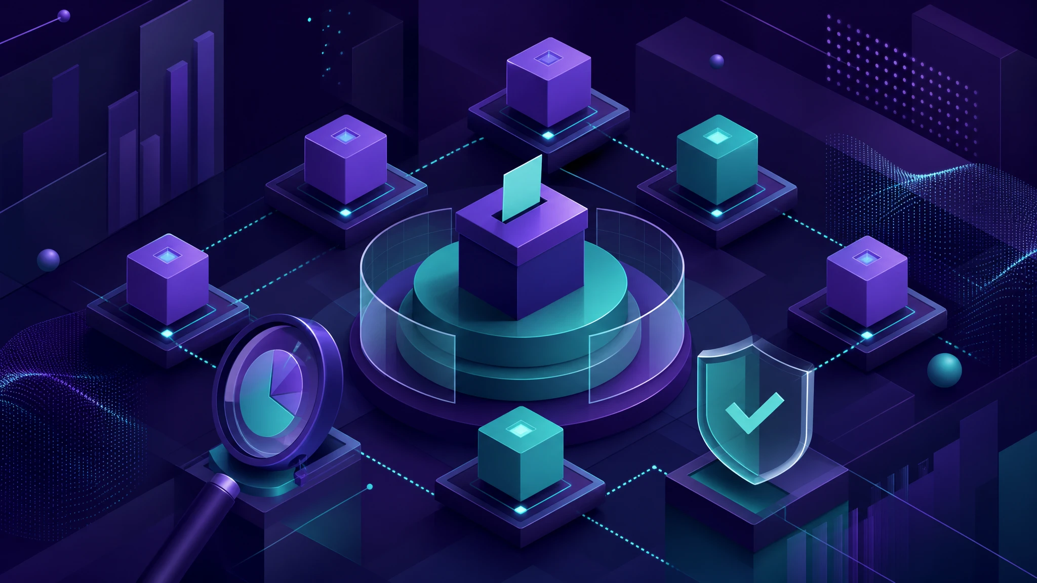 Ilustración conceptual de supervisión de gobernanza descentralizada en blockchain