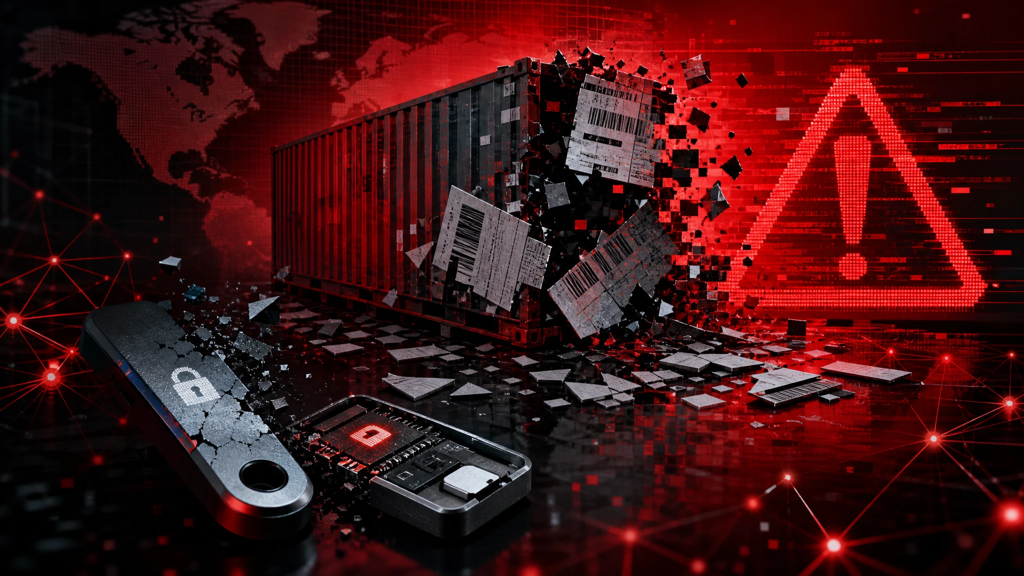 Ilustración conceptual de brecha de datos en logística de envíos y vulnerabilidad de seguridad