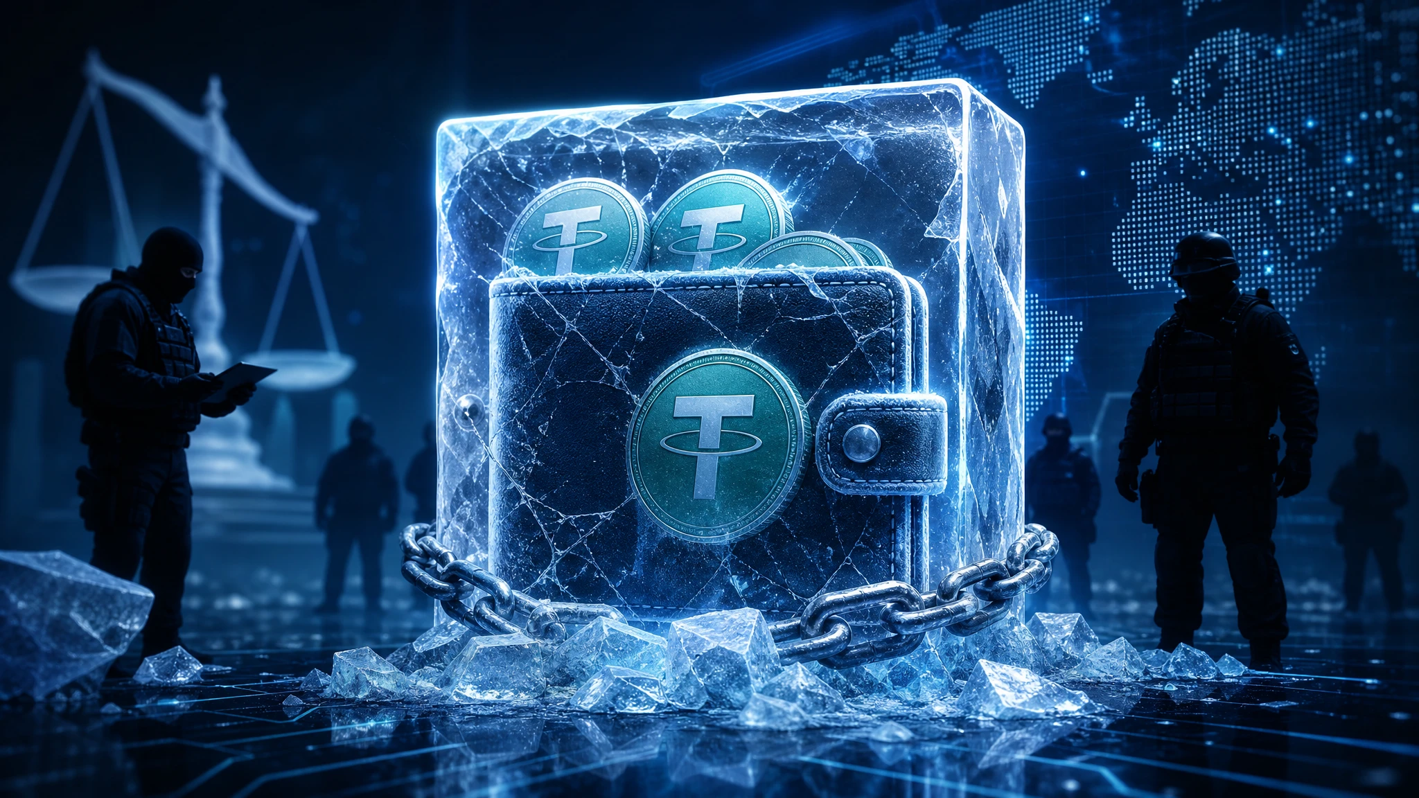Ilustración conceptual de congelación de fondos cripto por autoridades