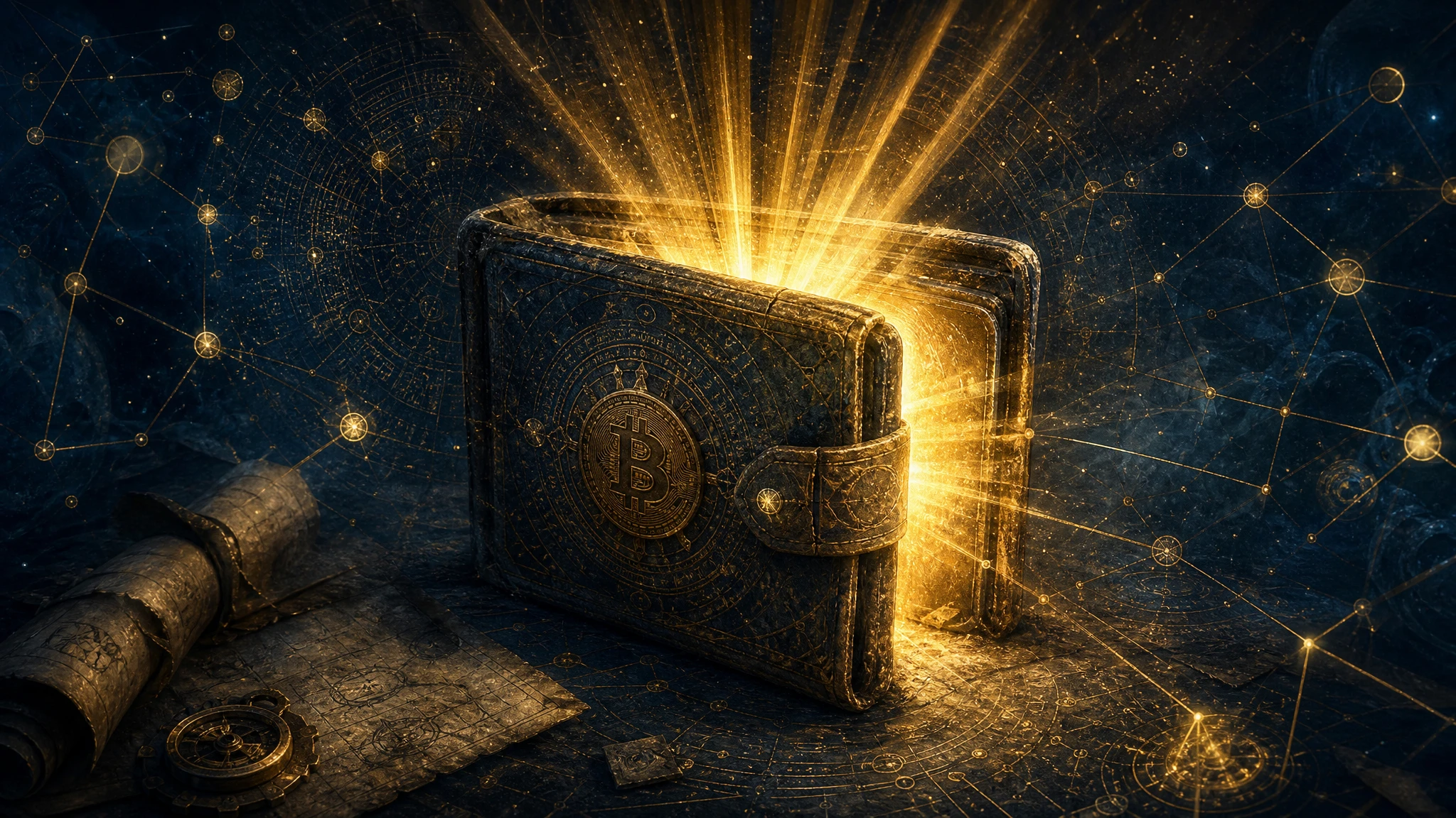 Ilustración conceptual de un monedero de Bitcoin antiguo despertando tras años inactivo
