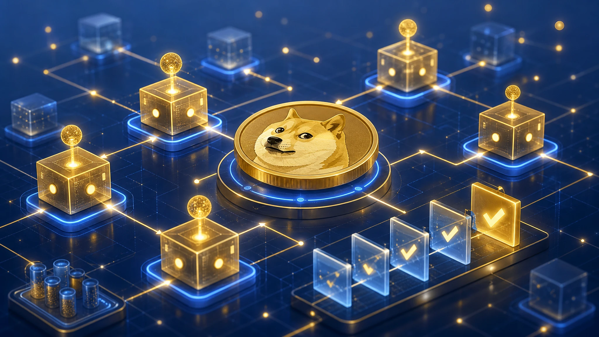 Ilustración conceptual de red de testeo de Dogecoin con nodos blockchain y flujo de validación