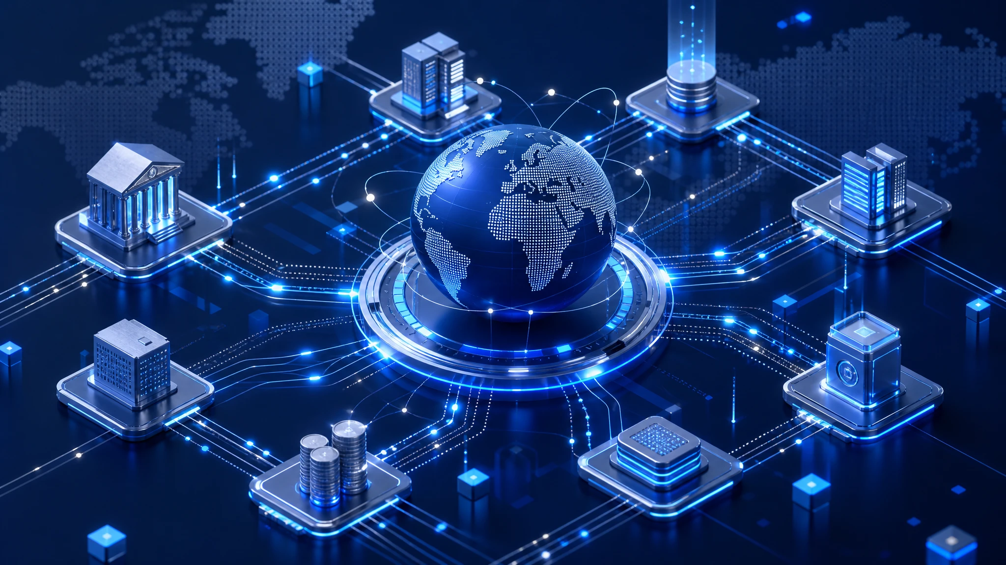 Ilustración conceptual de infraestructura de pagos globales y redes financieras digitales
