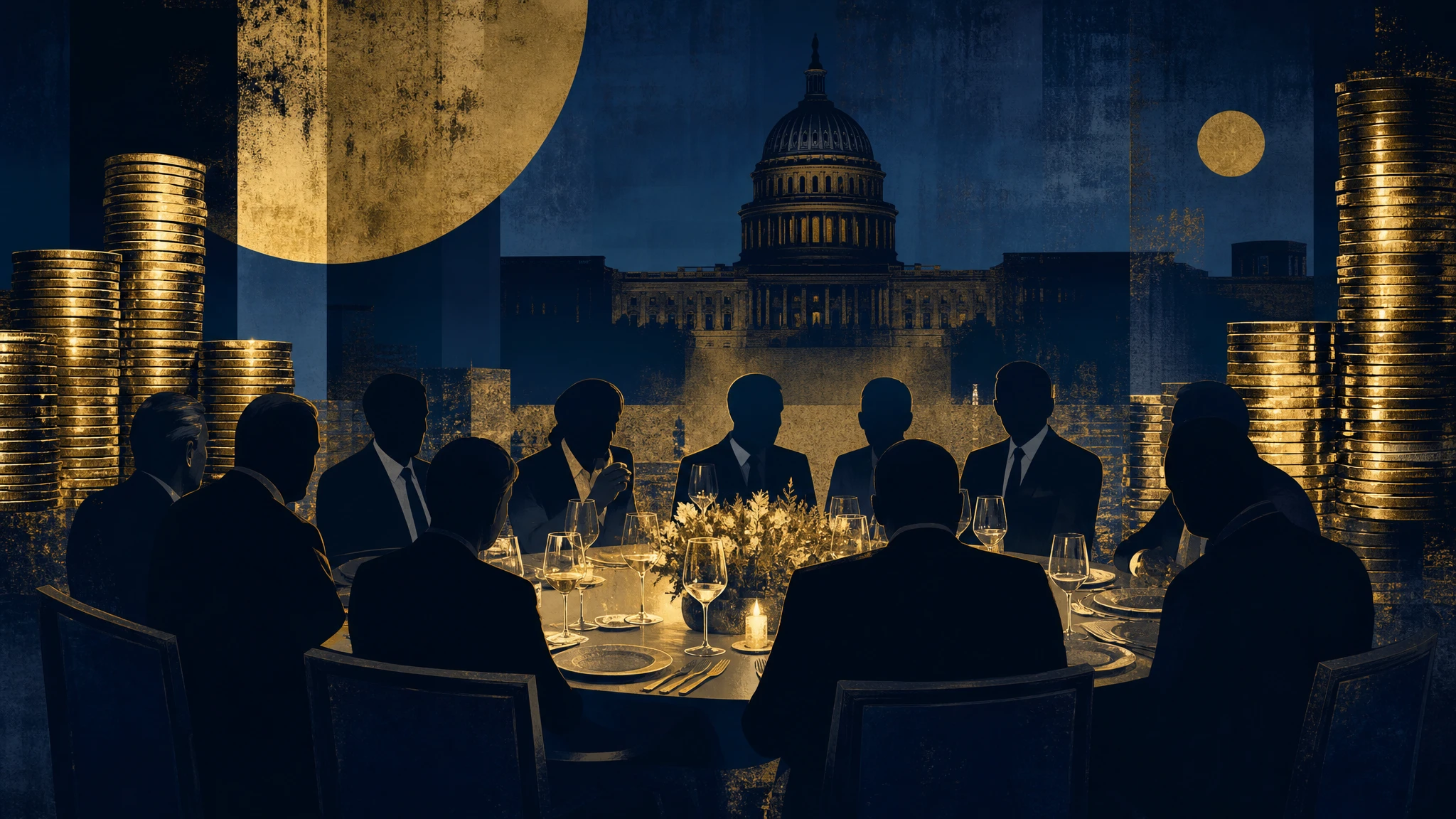 Ilustración conceptual de evento exclusivo político con símbolos de criptomonedas