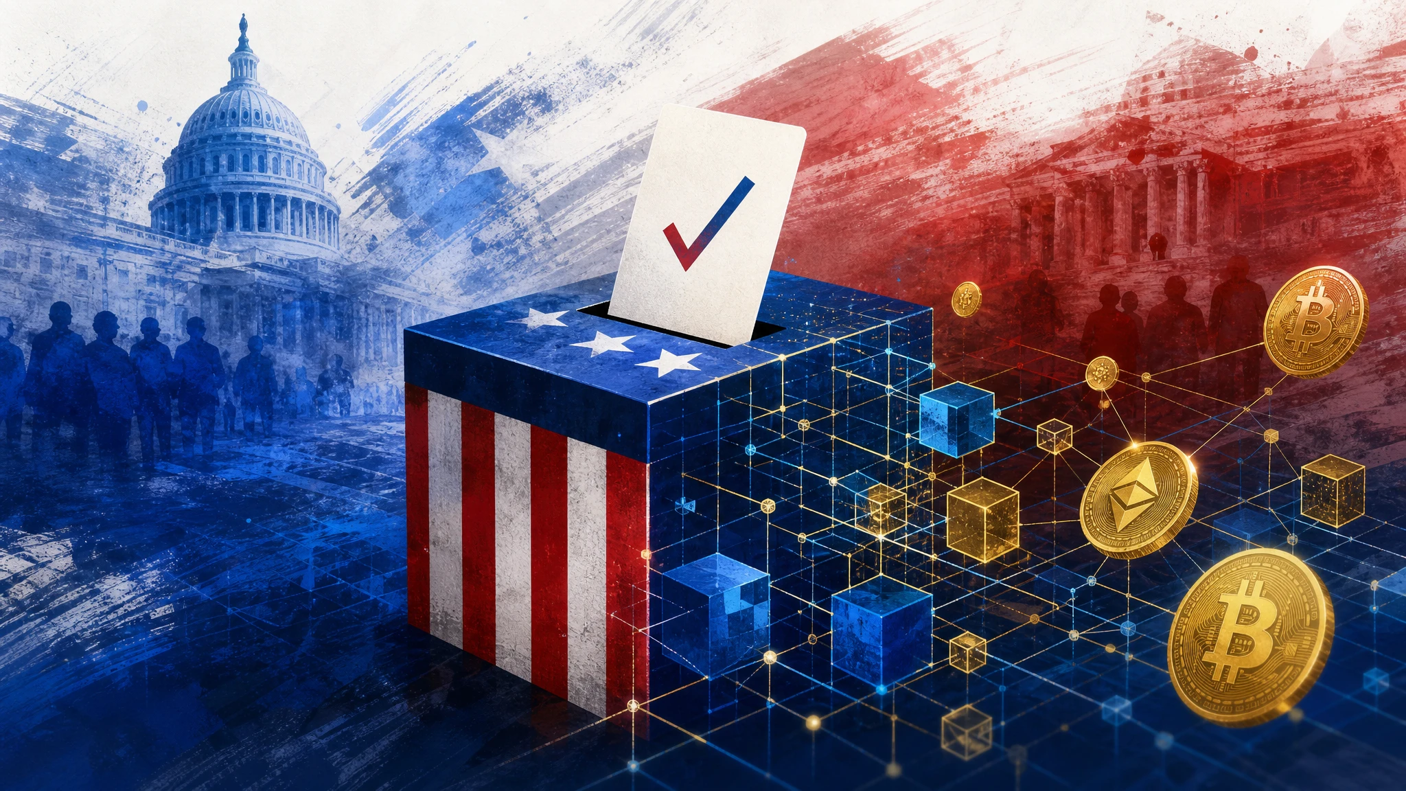 Ilustración conceptual sobre el impacto de las elecciones estadounidenses en la regulación cripto