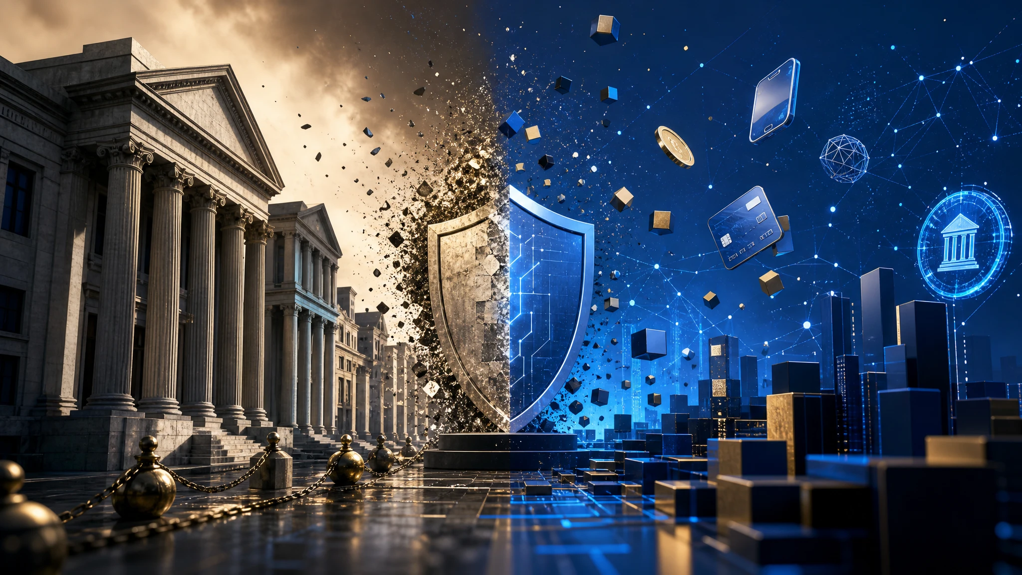 Ilustración conceptual sobre el choque entre la banca tradicional y la regulación cripto